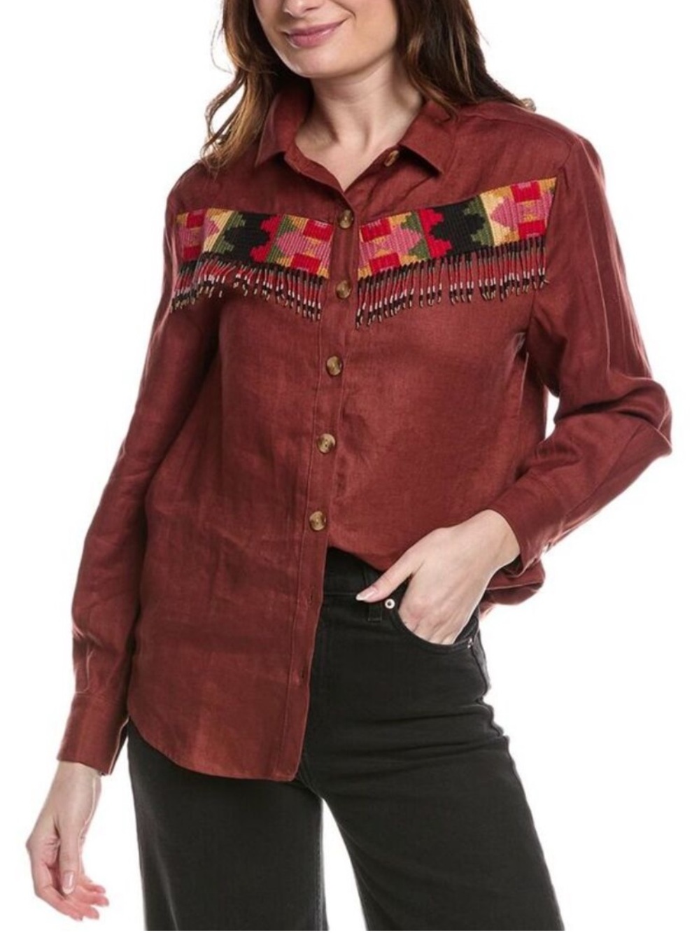 Farm Rio Beaded Fringe Linen Shirt Brown button done NWOT Medium‎